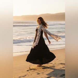 JOIE Black Linen Blend Maxi Sundress Dress Scarf Sz 8 Med NWT Boho Beach Summer